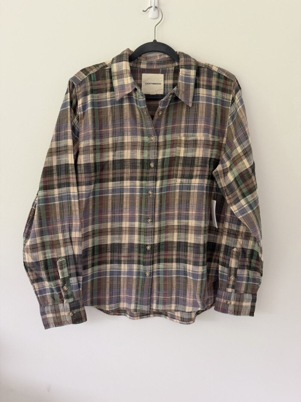Lucky Brand Plaid Flannel M Brown Green Granola Boho Outdoorsy 100% Cotton